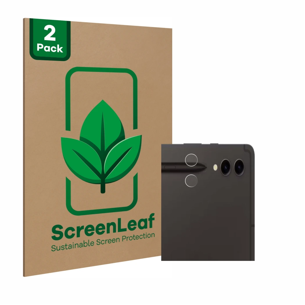 Face avant d’un emballage produit avec le logo de la marque ScreenLeaf. À côté, l’appareil Samsung Galaxy Tab S9 Ultra 5G (Cam
