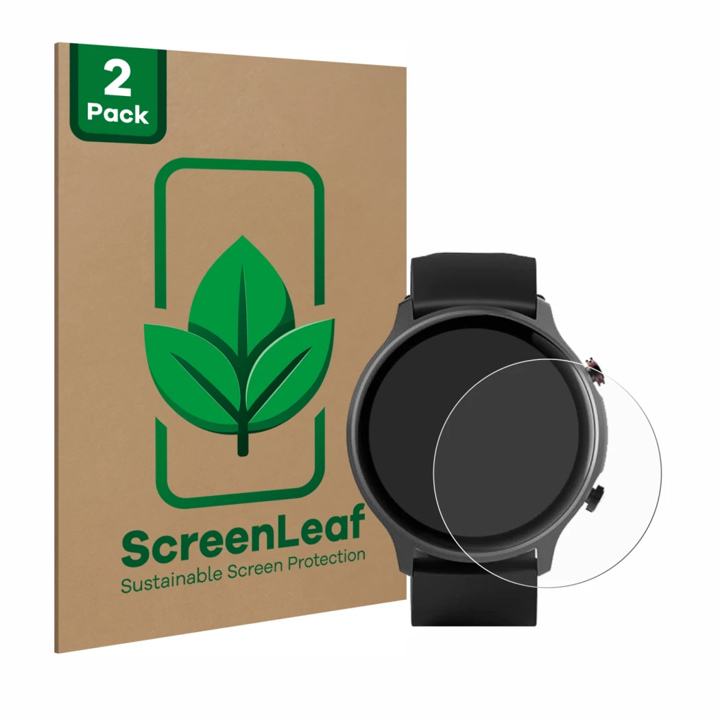 Face avant d’un emballage produit avec le logo de la marque ScreenLeaf. À côté, l’appareil Hama Fit Watch 6910 est représenté 