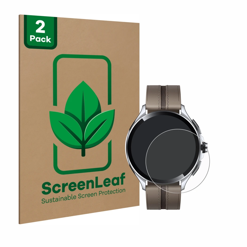 Face avant d’un emballage produit avec le logo de la marque ScreenLeaf. À côté, l’appareil Xiaomi Watch 2 Pro est représenté a