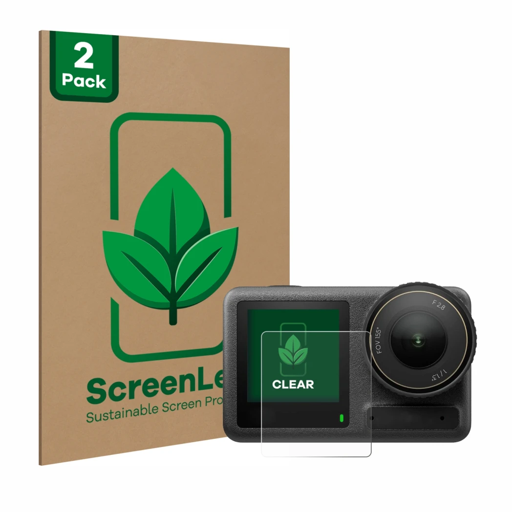 Face avant d’un emballage produit avec le logo de la marque ScreenLeaf. À côté, l’appareil DJI Osmo Action 4 (Affichage avant)