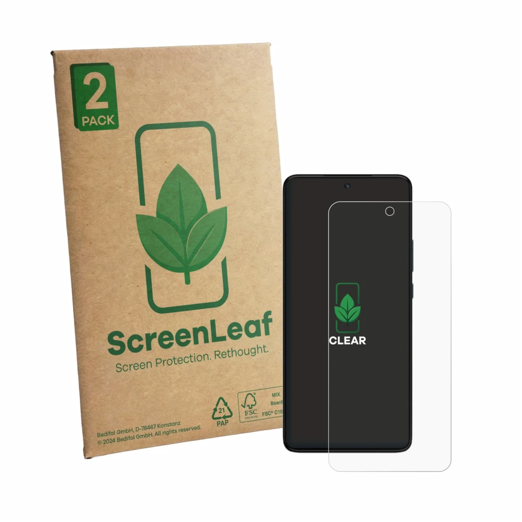 Face avant d’un emballage produit avec le logo de la marque ScreenLeaf. À côté, l’appareil Motorola Moto G84 est représenté av