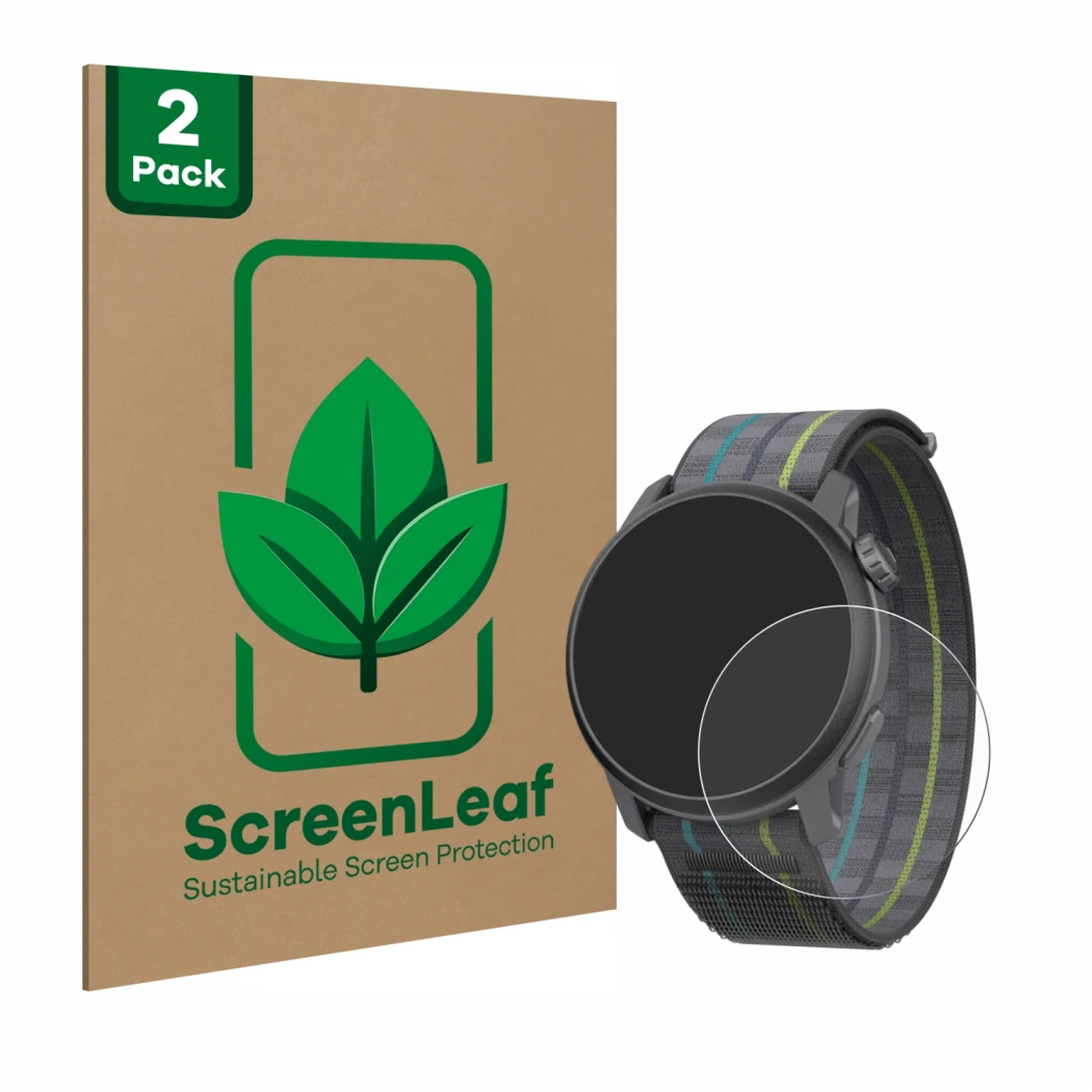 Face avant d’un emballage produit avec le logo de la marque ScreenLeaf. À côté, l’appareil Coros Pace 3 est représenté avec la