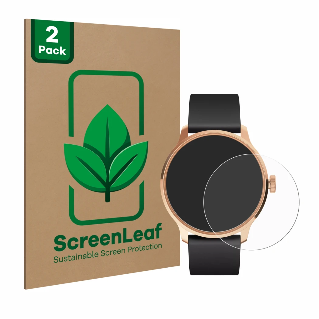 Face avant d’un emballage produit avec le logo de la marque ScreenLeaf. À côté, l’appareil Withings ScanWatch Light est représ