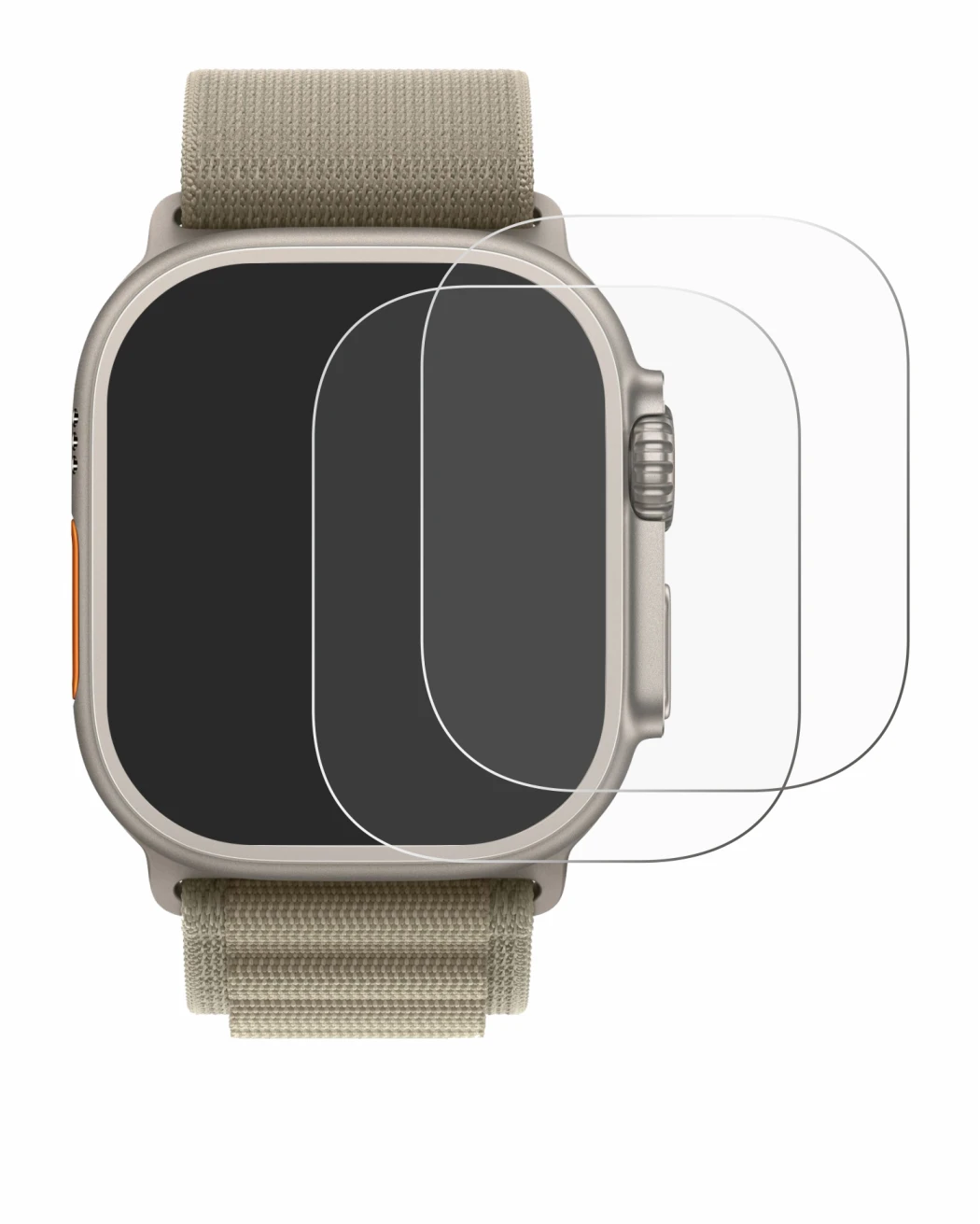 Image de l'appareil Apple Watch Ultra 2 (49 mm) avec une grande variété de protections d'écran.