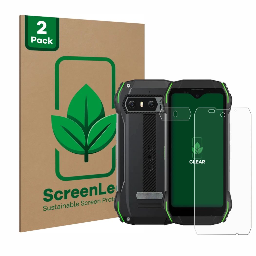 Face avant d’un emballage produit avec le logo de la marque ScreenLeaf. À côté, l’appareil Blackview N6000 (Avant+Caméra) est 