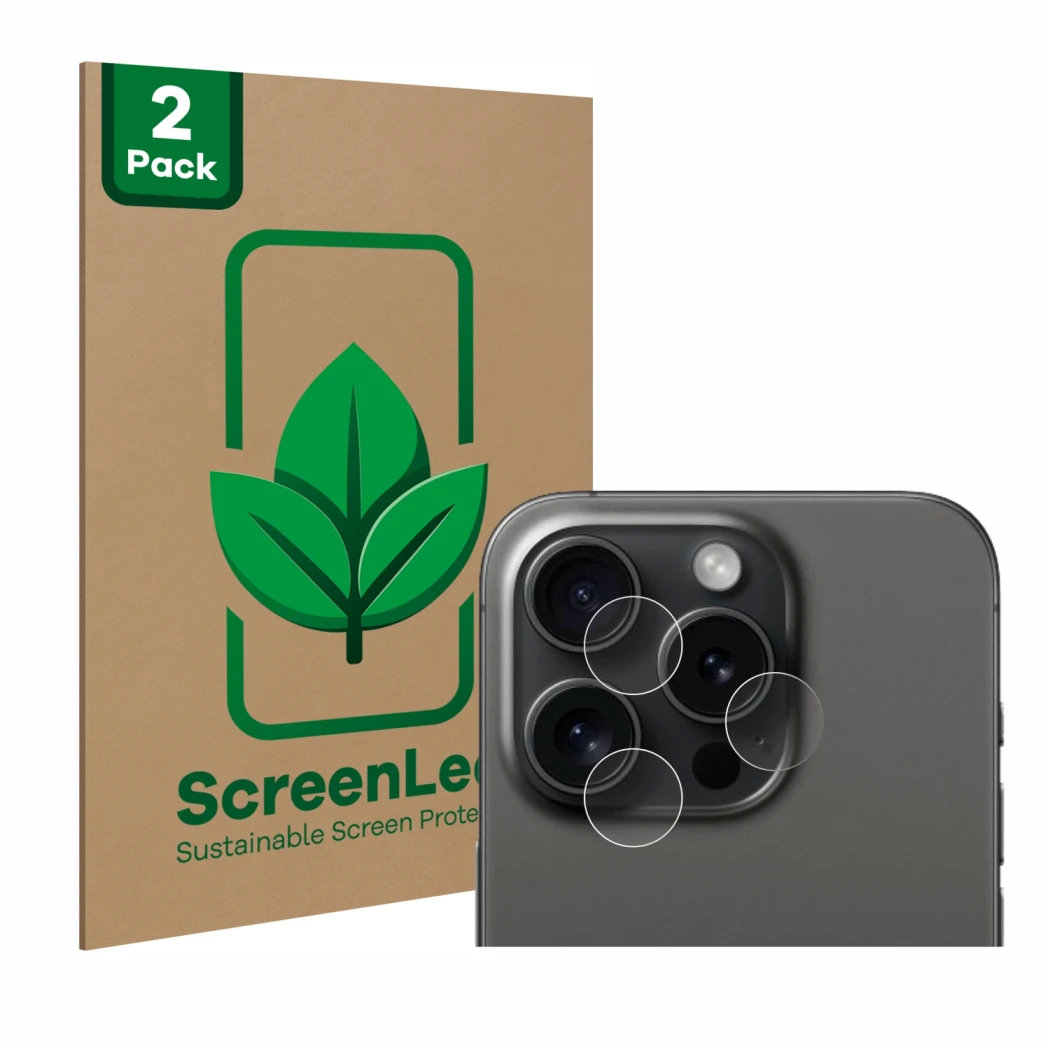Face avant d’un emballage produit avec le logo de la marque ScreenLeaf. À côté, l’appareil Apple iPhone 15 Pro (Caméra UNIQUEM