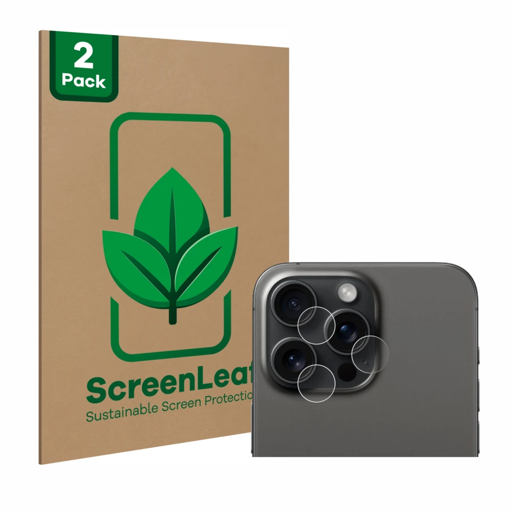 Face avant d’un emballage produit avec le logo de la marque ScreenLeaf. À côté, l’appareil Apple iPhone 15 Pro Max (Caméra UNI