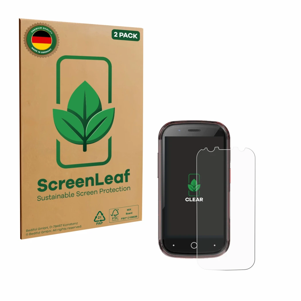 Face avant d’un emballage produit avec le logo de la marque ScreenLeaf. À côté, l’appareil Unihertz Jelly Star est représenté 