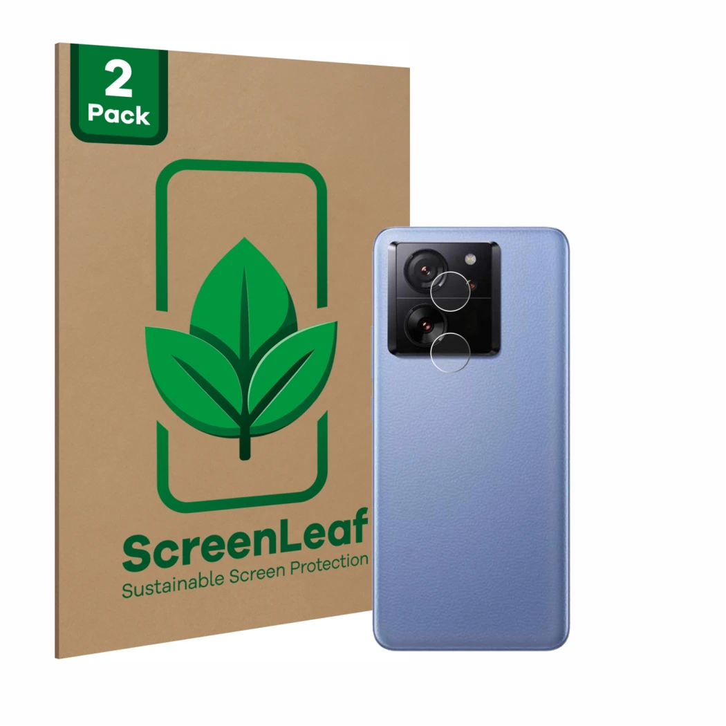 Face avant d’un emballage produit avec le logo de la marque ScreenLeaf. À côté, l’appareil Xiaomi 13T Pro (Caméra UNIQUEMENT) 