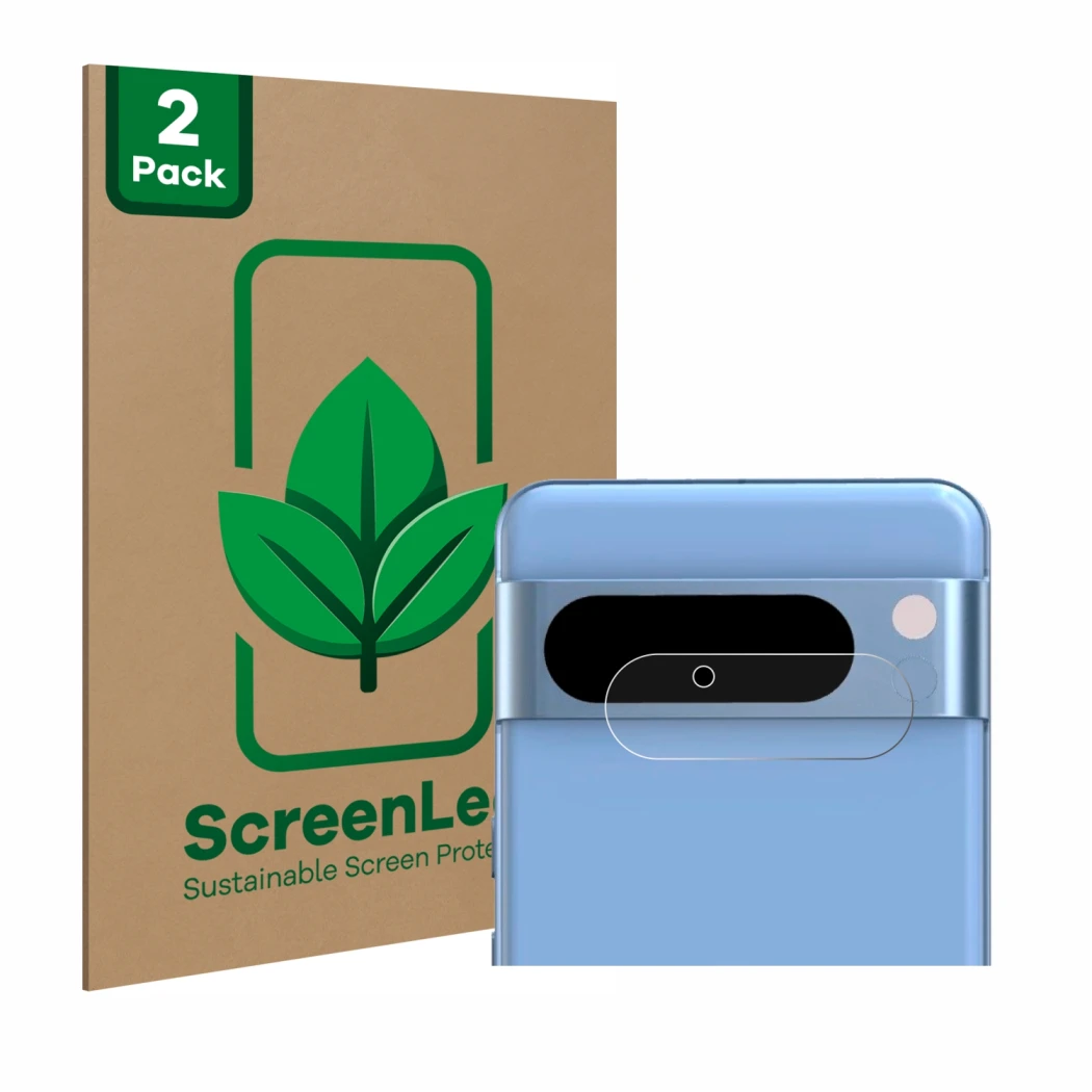 Face avant d’un emballage produit avec le logo de la marque ScreenLeaf. À côté, l’appareil Google Pixel 8 Pro (Caméra UNIQUEME