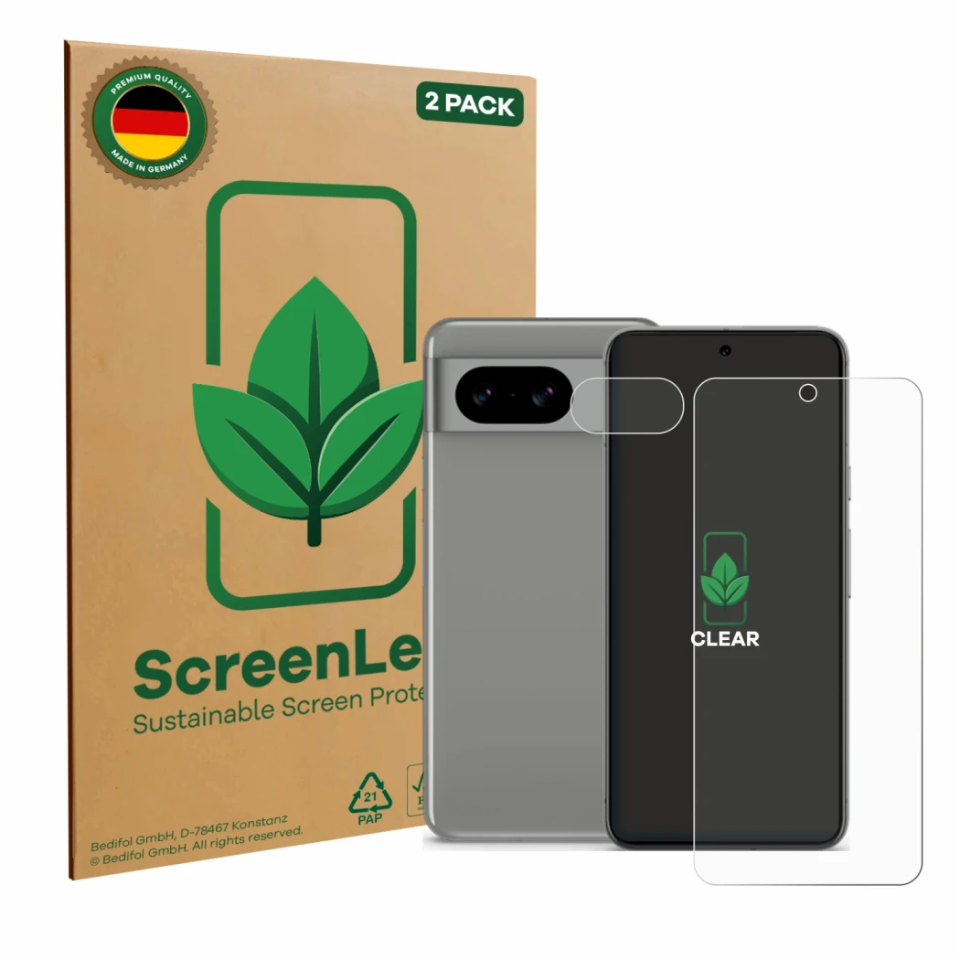 Face avant d’un emballage produit avec le logo de la marque ScreenLeaf. À côté, l’appareil Google Pixel 8 (Avant+Caméra) est r