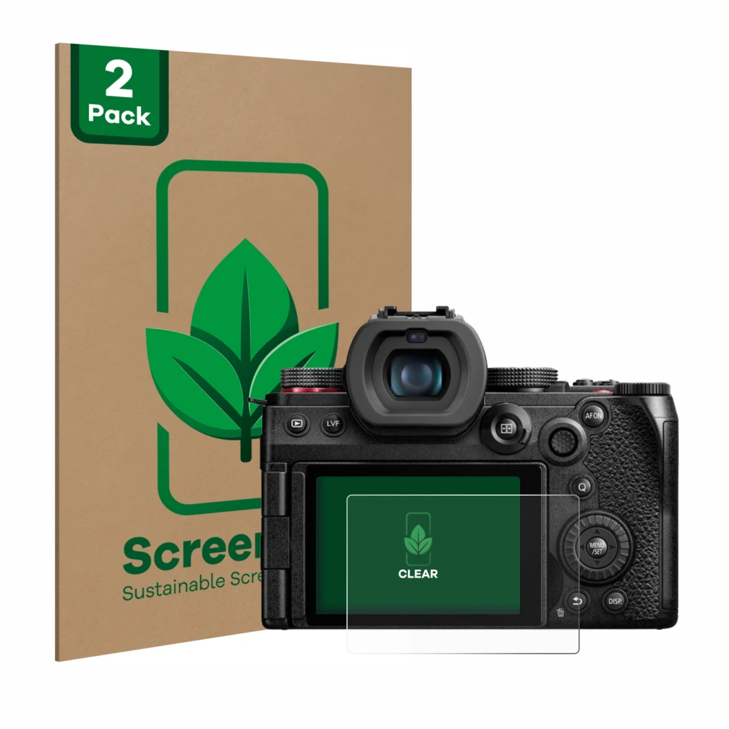 Face avant d’un emballage produit avec le logo de la marque ScreenLeaf. À côté, l’appareil Panasonic Lumix DC-G9 II est représ