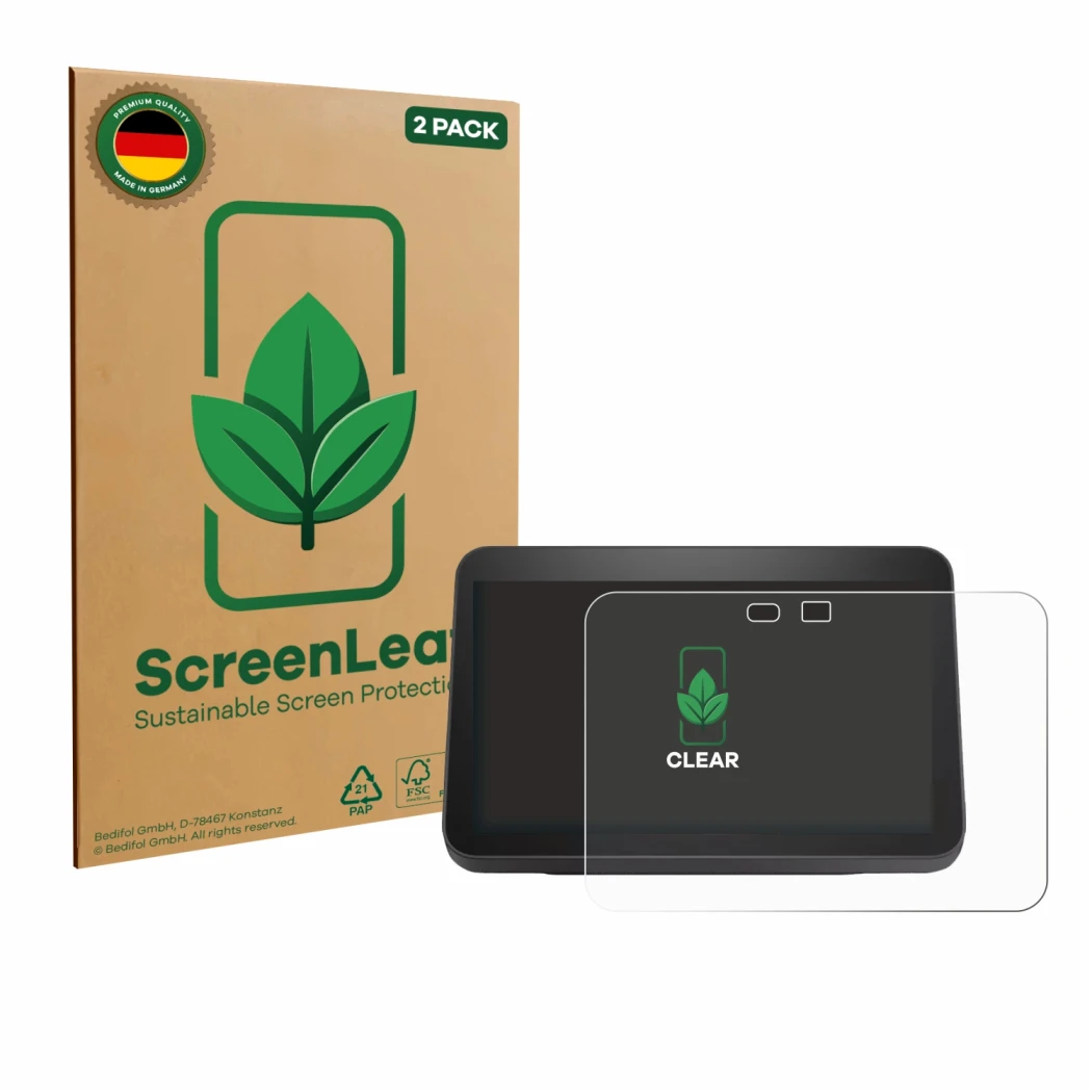 Face avant d’un emballage produit avec le logo de la marque ScreenLeaf. À côté, l’appareil Amazon Echo Show 8 2023 (3ème Gen.)