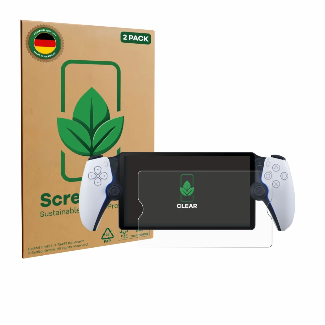 Face avant d’un emballage produit avec le logo de la marque ScreenLeaf. À côté, l’appareil Sony Playstation Portal est représe