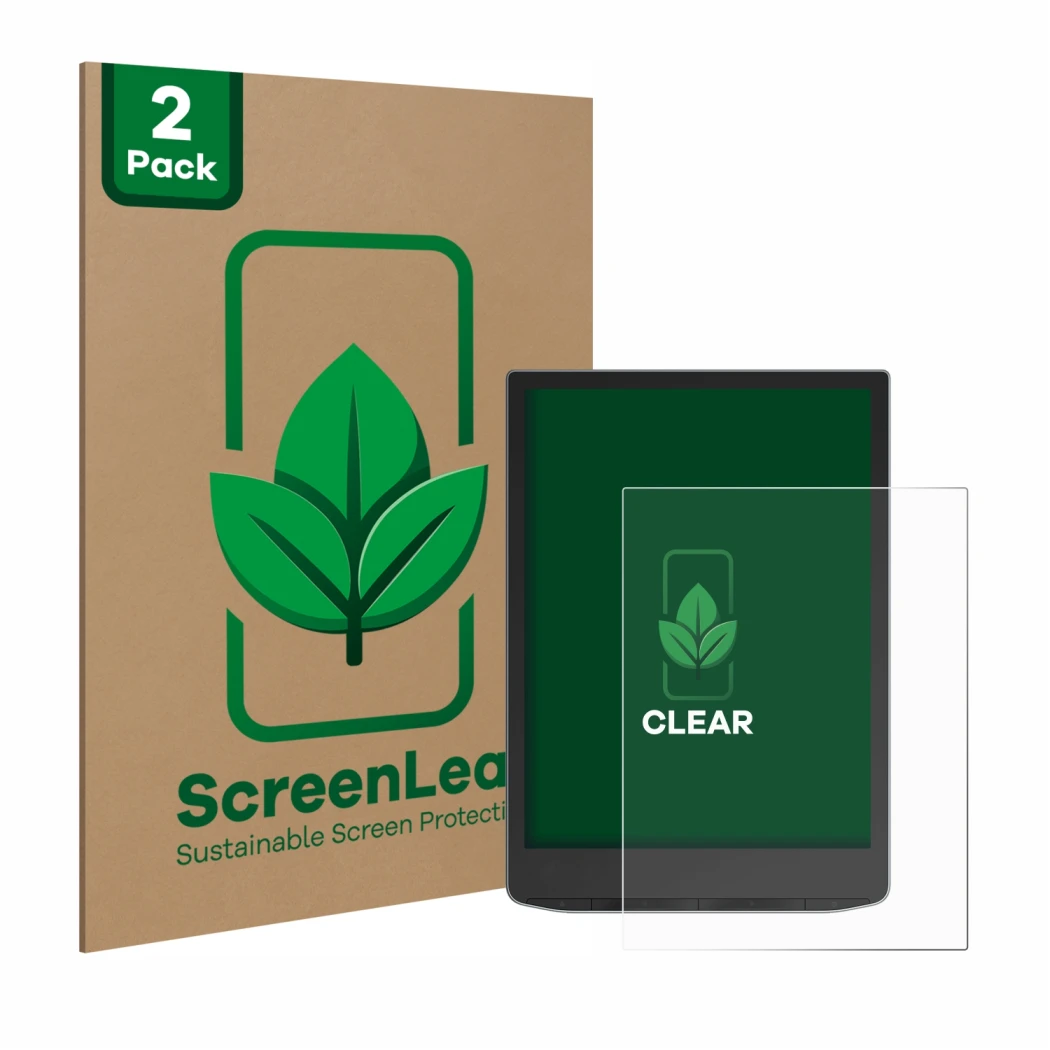 Face avant d’un emballage produit avec le logo de la marque ScreenLeaf. À côté, l’appareil PocketBook InkPad Color 3 est repré