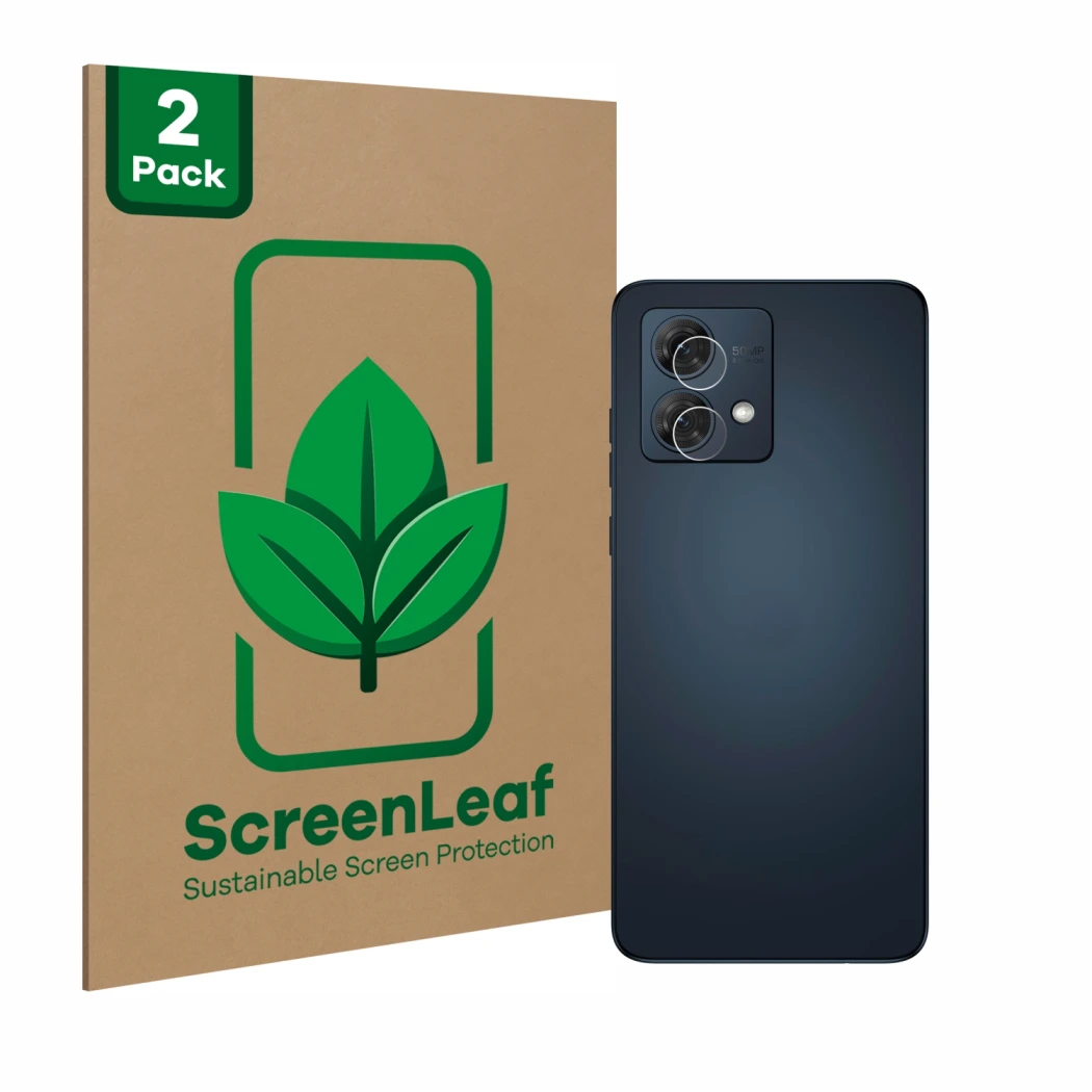 Face avant d’un emballage produit avec le logo de la marque ScreenLeaf. À côté, l’appareil Motorola Moto G84 (Caméra UNIQUEMEN
