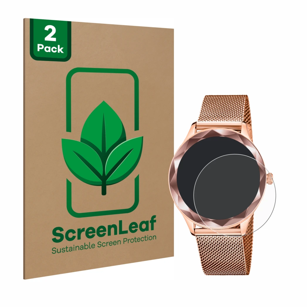 Face avant d’un emballage produit avec le logo de la marque ScreenLeaf. À côté, l’appareil Lotus SMARTIME 50036/1 est représen