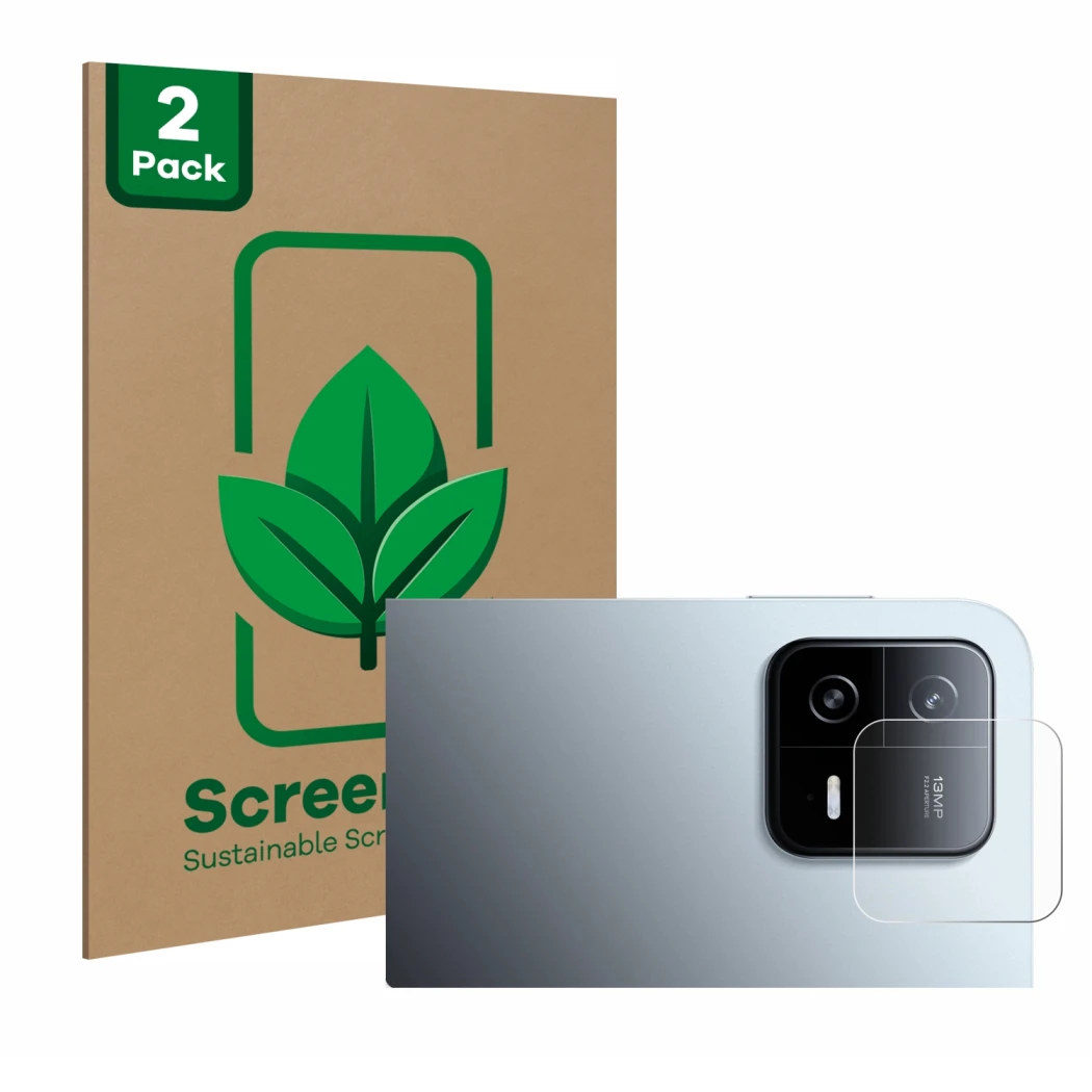 Face avant d’un emballage produit avec le logo de la marque ScreenLeaf. À côté, l’appareil Xiaomi Pad 6 (Caméra UNIQUEMENT) es