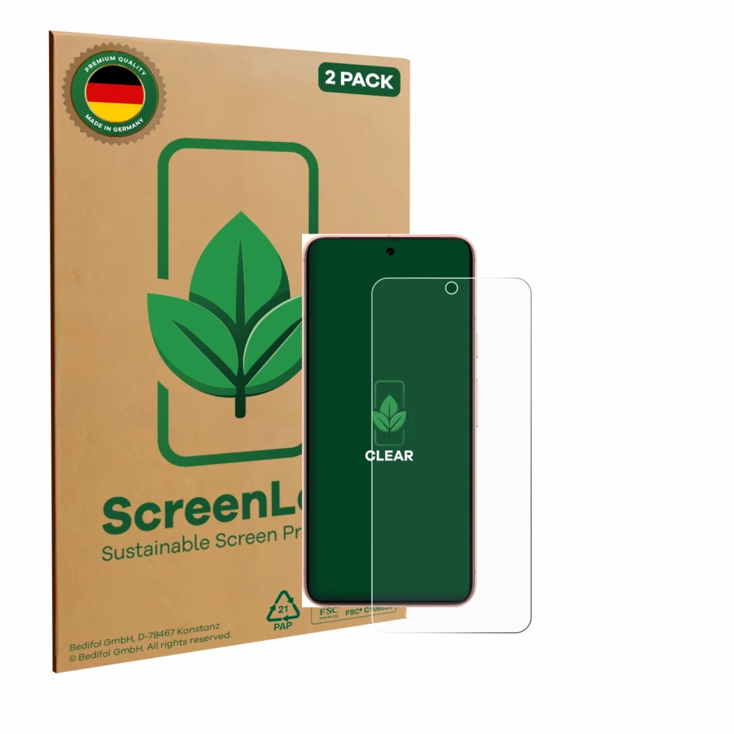 Face avant d’un emballage produit avec le logo de la marque ScreenLeaf. À côté, l’appareil Google Pixel 8 (case-friendly) est 
