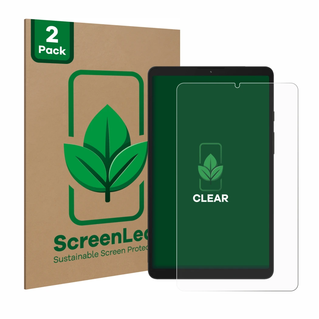 Face avant d’un emballage produit avec le logo de la marque ScreenLeaf. À côté, l’appareil Samsung Galaxy Tab A9 WiFi est repr