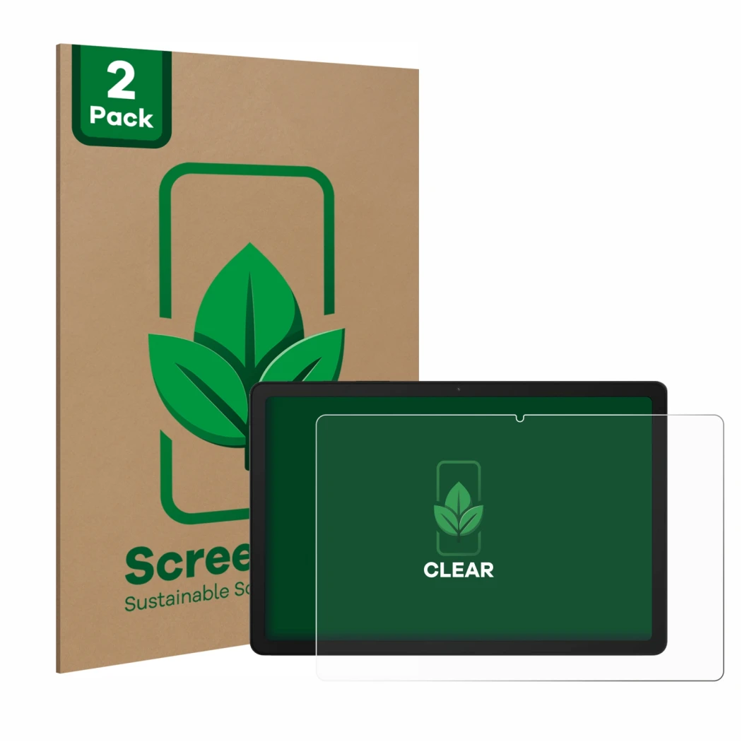 Face avant d’un emballage produit avec le logo de la marque ScreenLeaf. À côté, l’appareil Samsung Galaxy Tab A9 Plus 5G est r