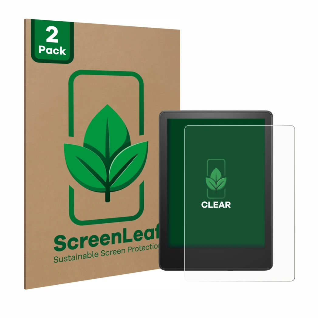 Face avant d’un emballage produit avec le logo de la marque ScreenLeaf. À côté, l’appareil Amazon Kindle Paperwhite 2023 (11èm