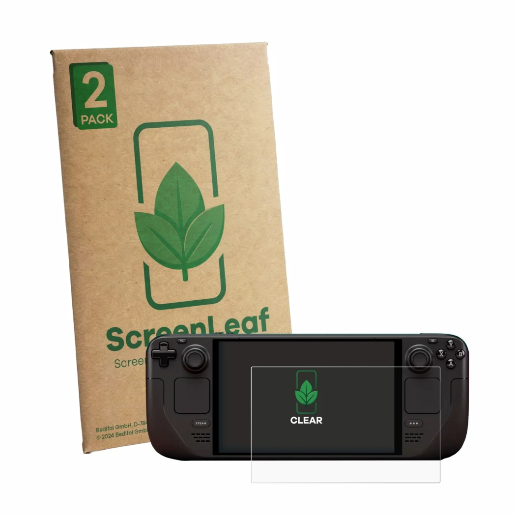 Face avant d’un emballage produit avec le logo de la marque ScreenLeaf. À côté, l’appareil Valve Steam Deck OLED est représent