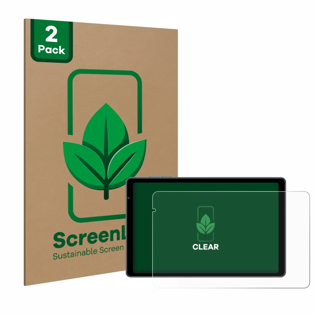 Face avant d’un emballage produit avec le logo de la marque ScreenLeaf. À côté, l’appareil Sebbe S22 10.1