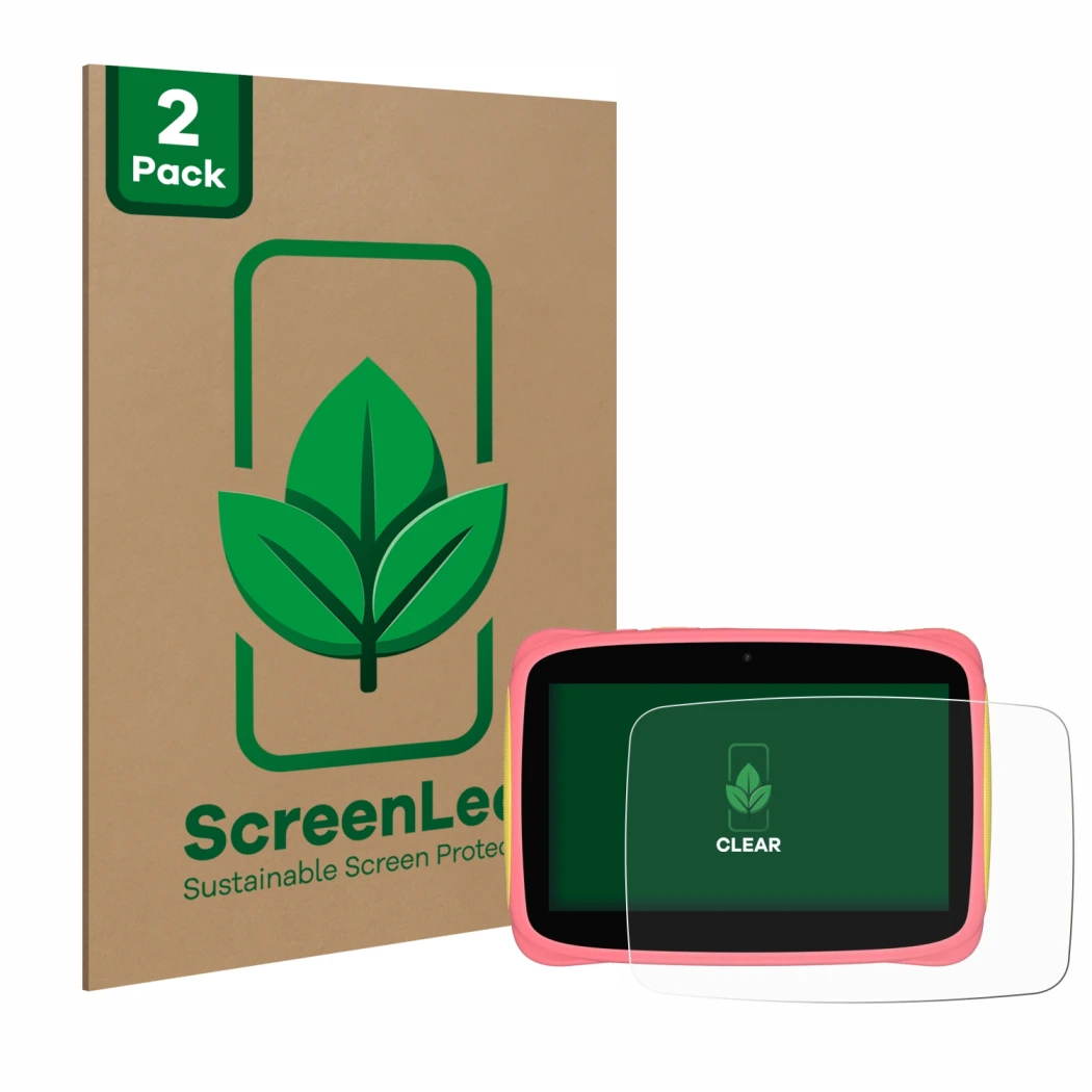 Face avant d’un emballage produit avec le logo de la marque ScreenLeaf. À côté, l’appareil Blackview Tab 3 Kids est représenté