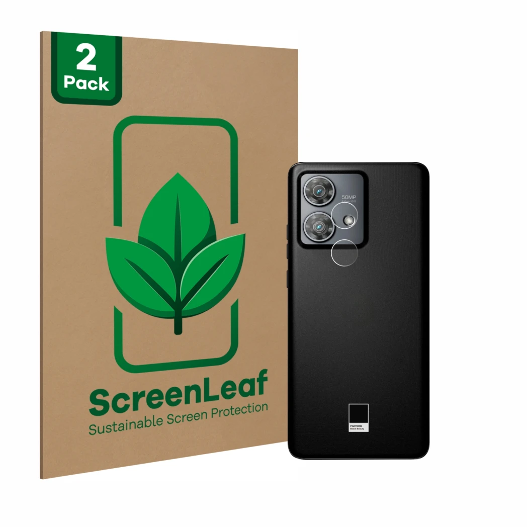 Face avant d’un emballage produit avec le logo de la marque ScreenLeaf. À côté, l’appareil Motorola Edge 40 Neo (Caméra UNIQUE