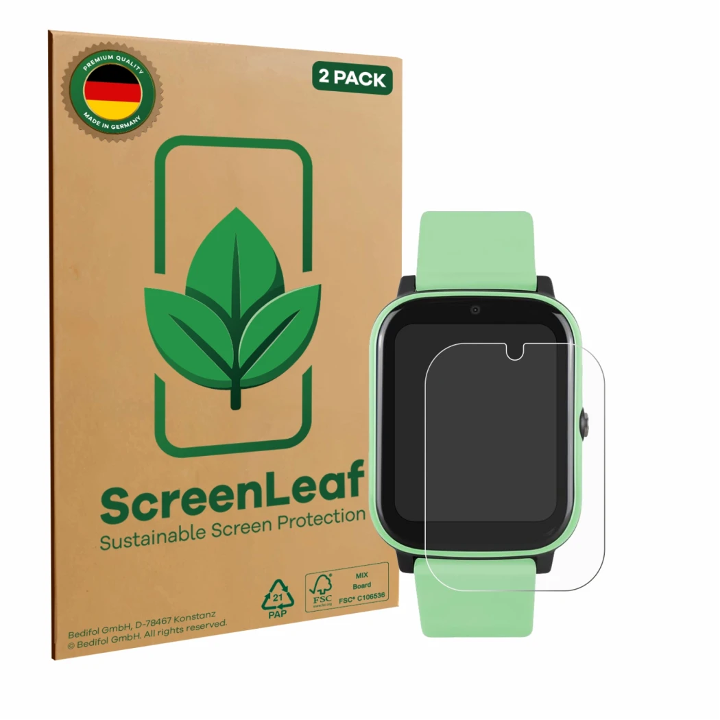 Face avant d’un emballage produit avec le logo de la marque ScreenLeaf. À côté, l’appareil One2Track Connect NEXT est représen