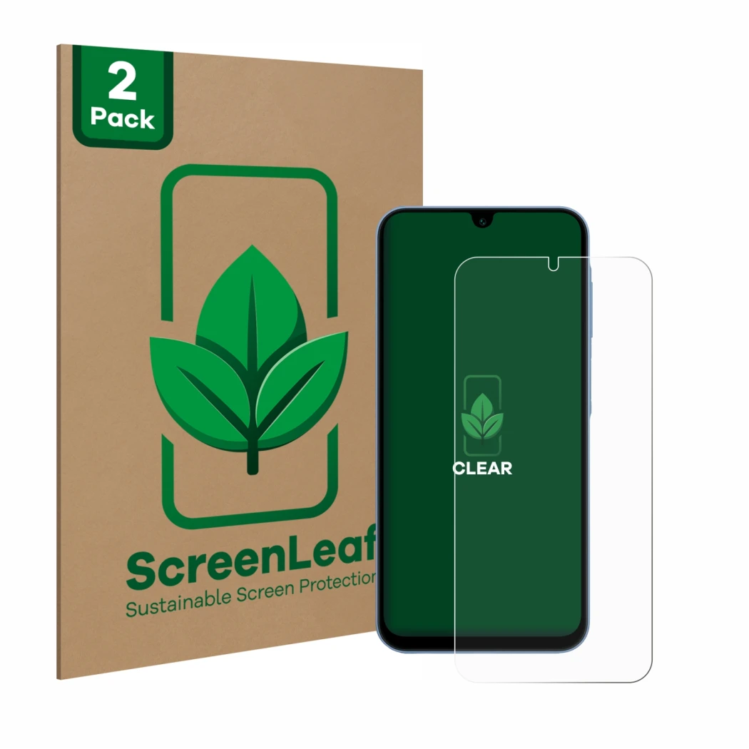 Face avant d’un emballage produit avec le logo de la marque ScreenLeaf. À côté, l’appareil Samsung Galaxy A15 5G est représent