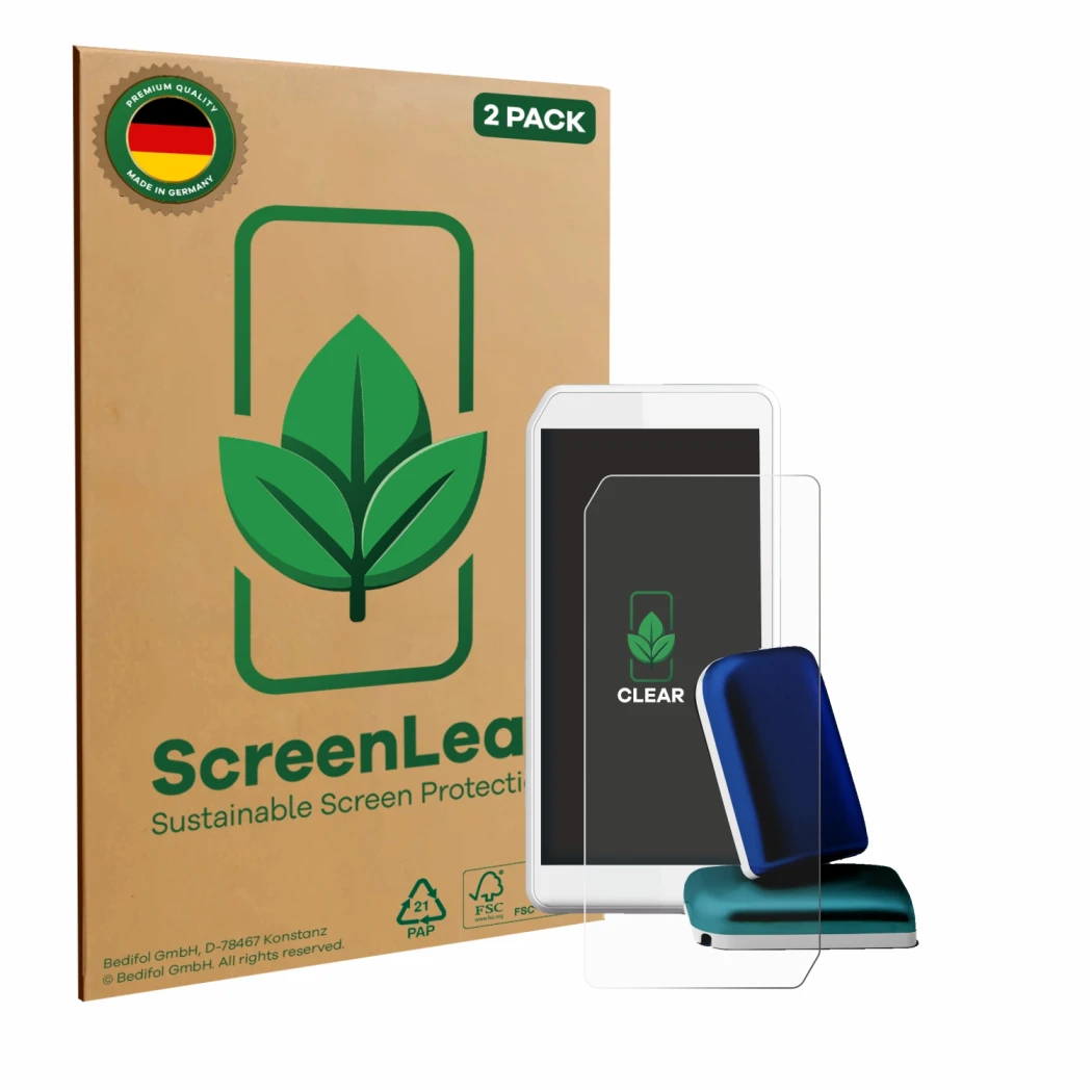Face avant d’un emballage produit avec le logo de la marque ScreenLeaf. À côté, l’appareil Kaleido DBLG1 Handset 2023 est repr