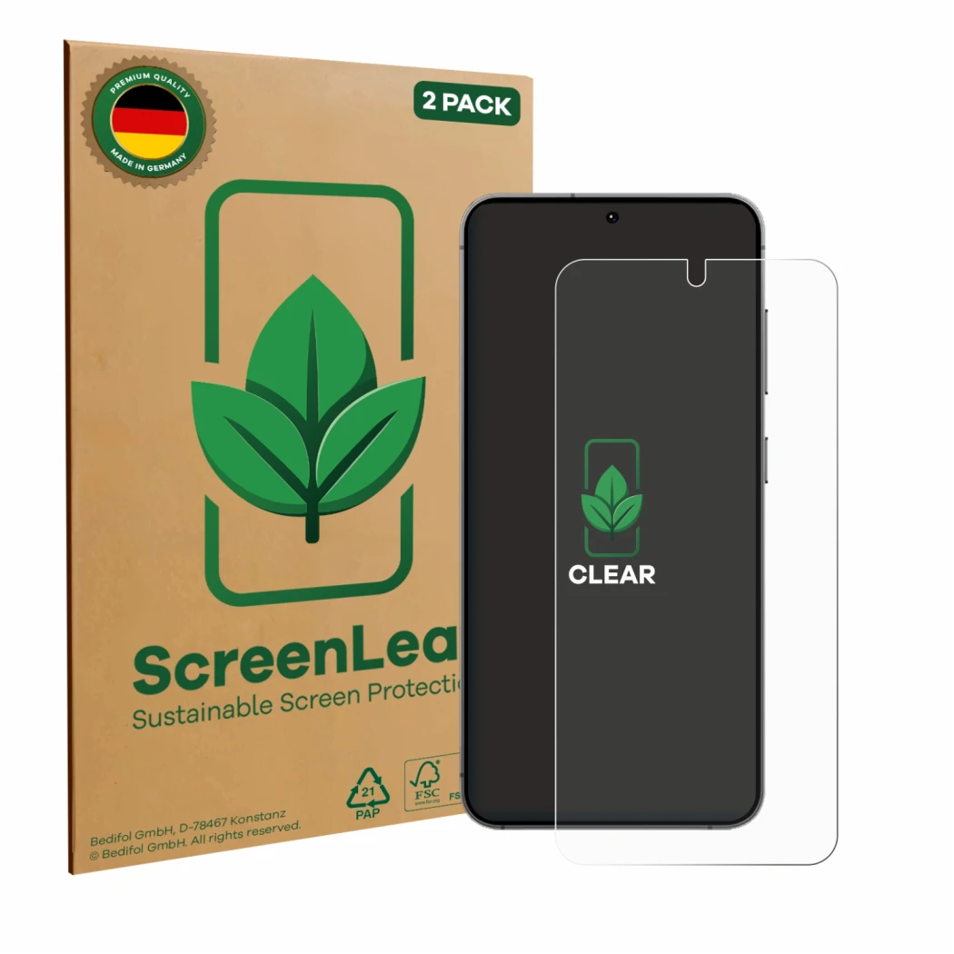 Face avant d’un emballage produit avec le logo de la marque ScreenLeaf. À côté, l’appareil Samsung Galaxy S24 est représenté a