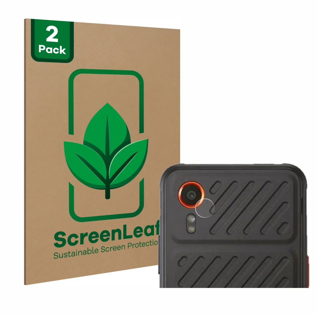 Face avant d’un emballage produit avec le logo de la marque ScreenLeaf. À côté, l’appareil Samsung Galaxy XCover 7 (Caméra UNI