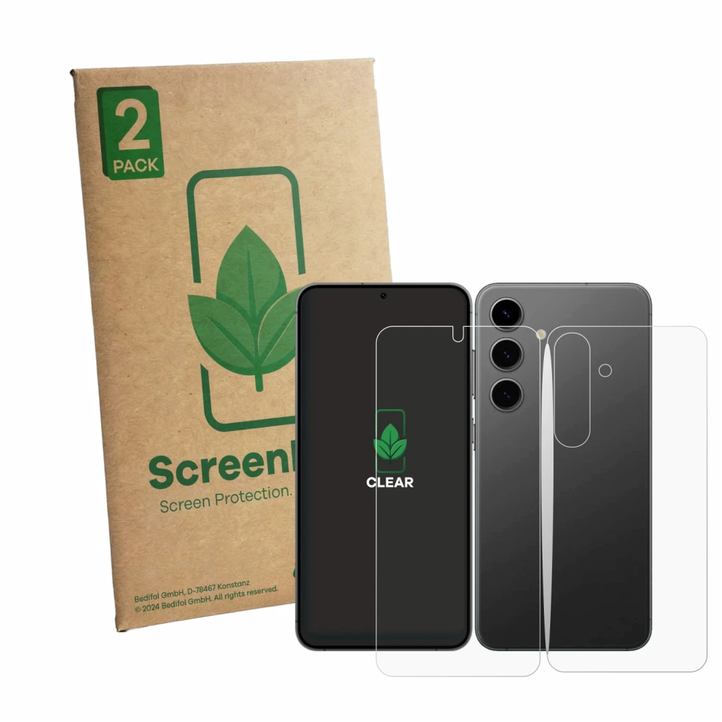 Face avant d’un emballage produit avec le logo de la marque ScreenLeaf. À côté, l’appareil Samsung Galaxy S24 (Avant+Arrière) 