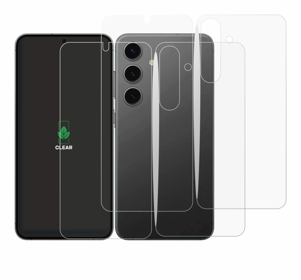 Image de l'appareil Samsung Galaxy S24 (Avant+Arrière) avec une grande variété de protections d'écran.