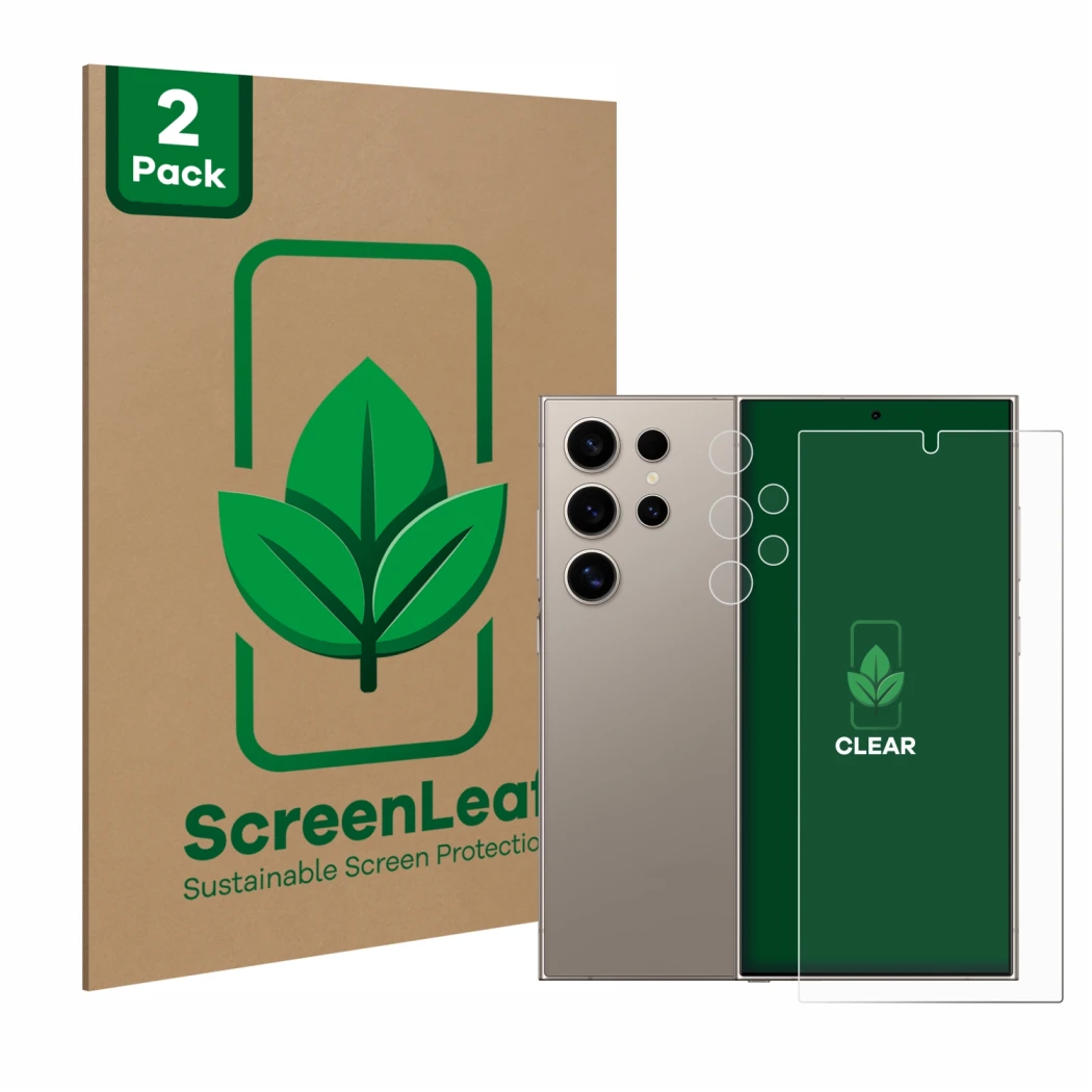 Face avant d’un emballage produit avec le logo de la marque ScreenLeaf. À côté, l’appareil Samsung Galaxy S24 Ultra (case-frie