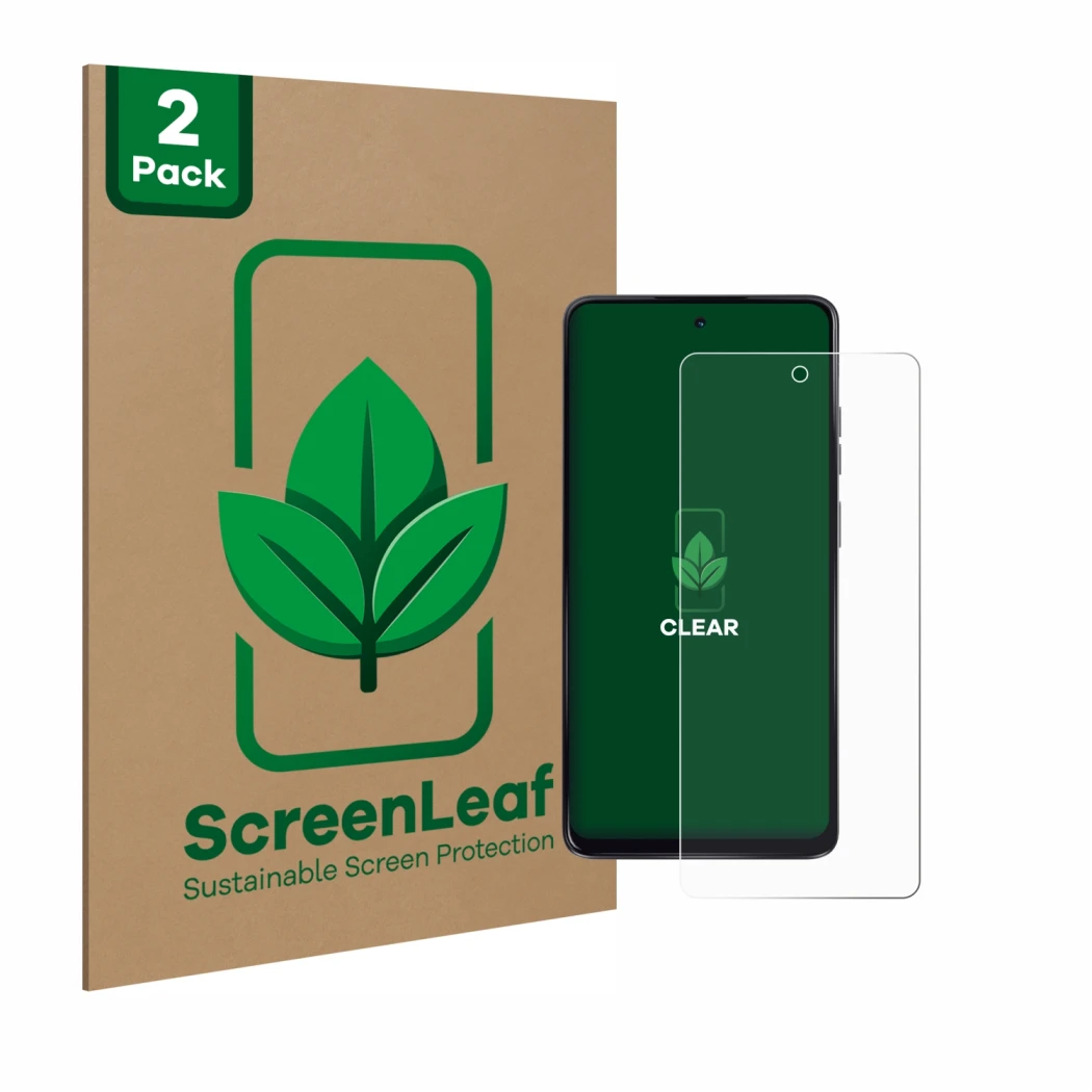 Face avant d’un emballage produit avec le logo de la marque ScreenLeaf. À côté, l’appareil Motorola Moto G24 est représenté av