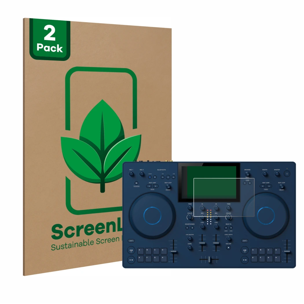Face avant d’un emballage produit avec le logo de la marque ScreenLeaf. À côté, l’appareil AlphaTheta OMNIS-Duo est représenté