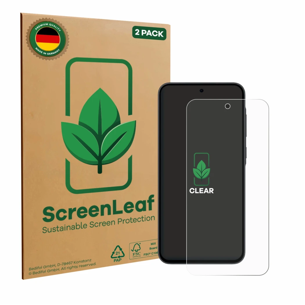 Face avant d’un emballage produit avec le logo de la marque ScreenLeaf. À côté, l’appareil Samsung Galaxy A35 5G est représent
