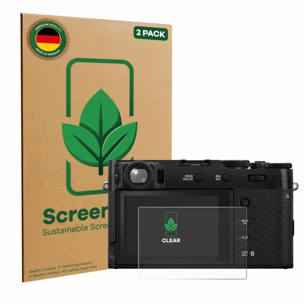 Face avant d’un emballage produit avec le logo de la marque ScreenLeaf. À côté, l’appareil Fujifilm X100VI est représenté avec