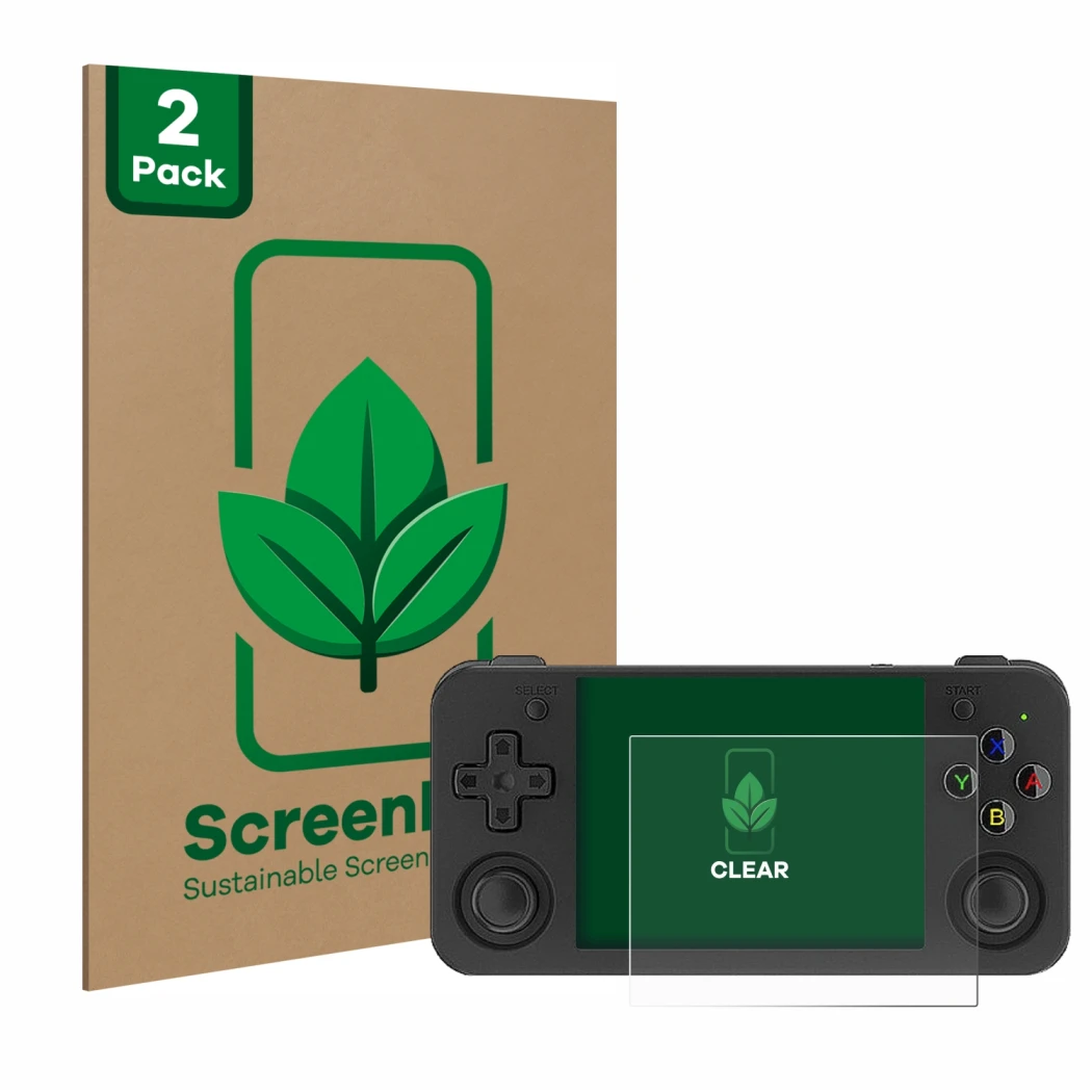 Face avant d’un emballage produit avec le logo de la marque ScreenLeaf. À côté, l’appareil Anbernic RG35XX H est représenté av