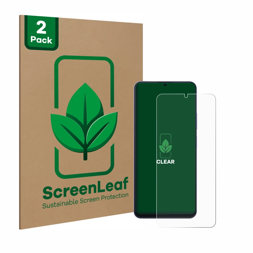 Face avant d’un emballage produit avec le logo de la marque ScreenLeaf. À côté, l’appareil Blackview Color 8 est représenté av