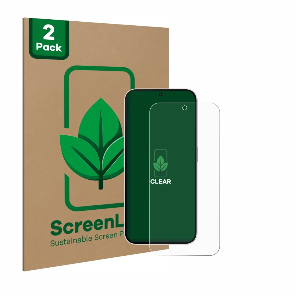 Face avant d’un emballage produit avec le logo de la marque ScreenLeaf. À côté, l’appareil Nothing Phone (2a) est représenté a