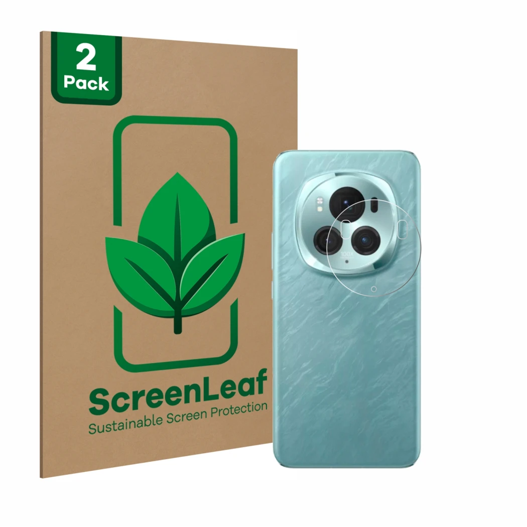 Face avant d’un emballage produit avec le logo de la marque ScreenLeaf. À côté, l’appareil Honor Magic 6 Pro (Caméra UNIQUEMEN