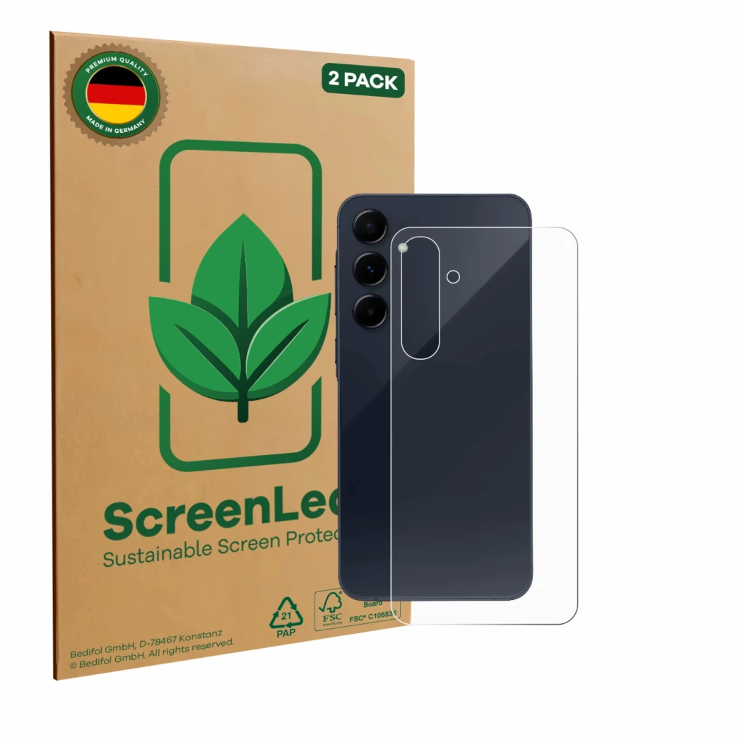 Face avant d’un emballage produit avec le logo de la marque ScreenLeaf. À côté, l’appareil Samsung Galaxy A55 5G (Arrière) est