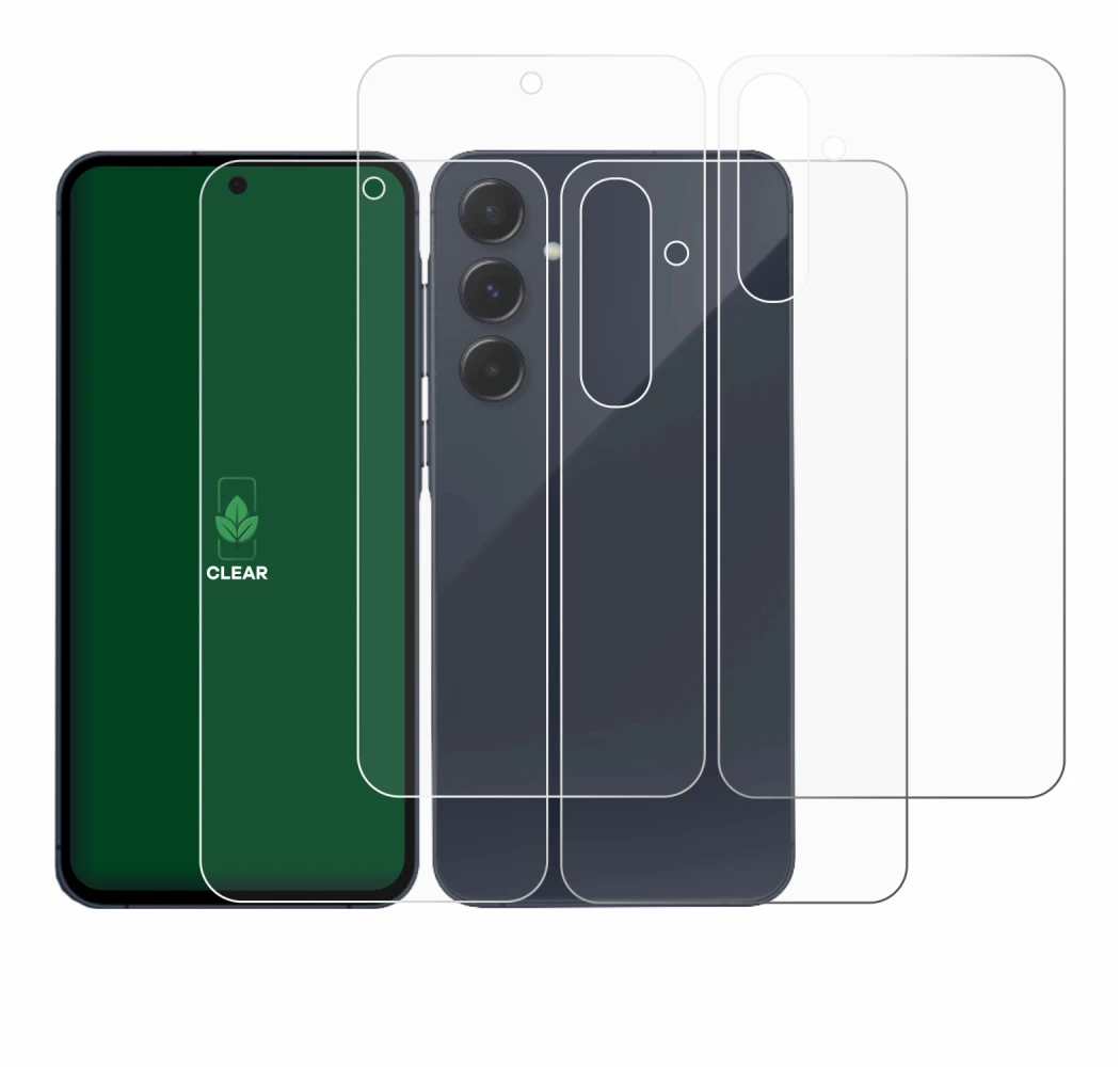 Image de l'appareil Samsung Galaxy A55 5G (Avant+Arrière) avec une grande variété de protections d'écran.