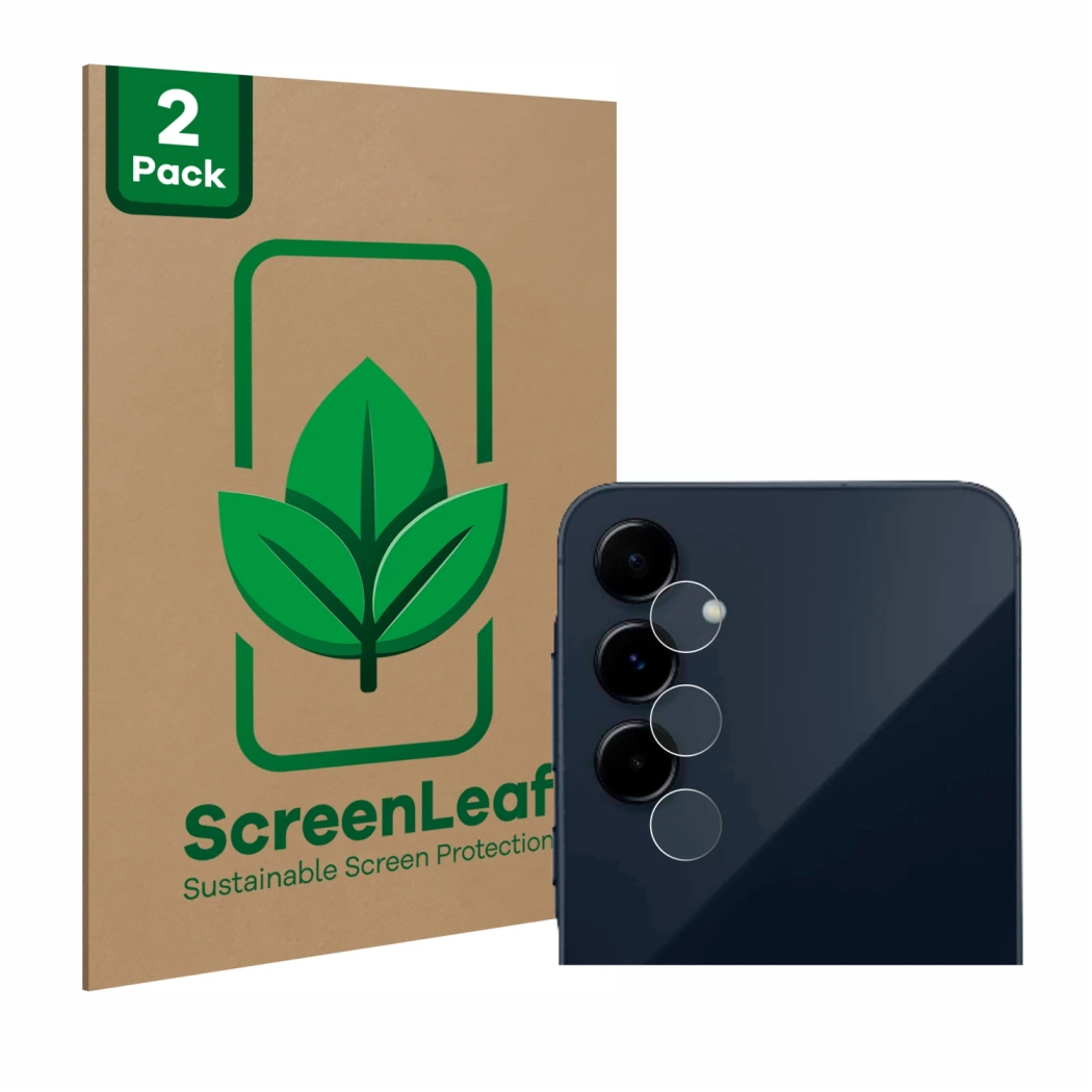 Face avant d’un emballage produit avec le logo de la marque ScreenLeaf. À côté, l’appareil Samsung Galaxy A35 5G (Caméra UNIQU