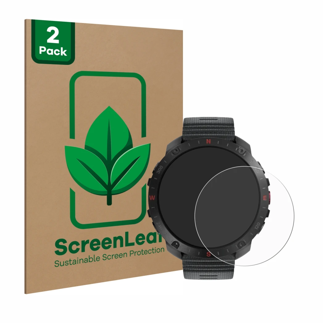 Face avant d’un emballage produit avec le logo de la marque ScreenLeaf. À côté, l’appareil Polar Grit X2 Pro est représenté av